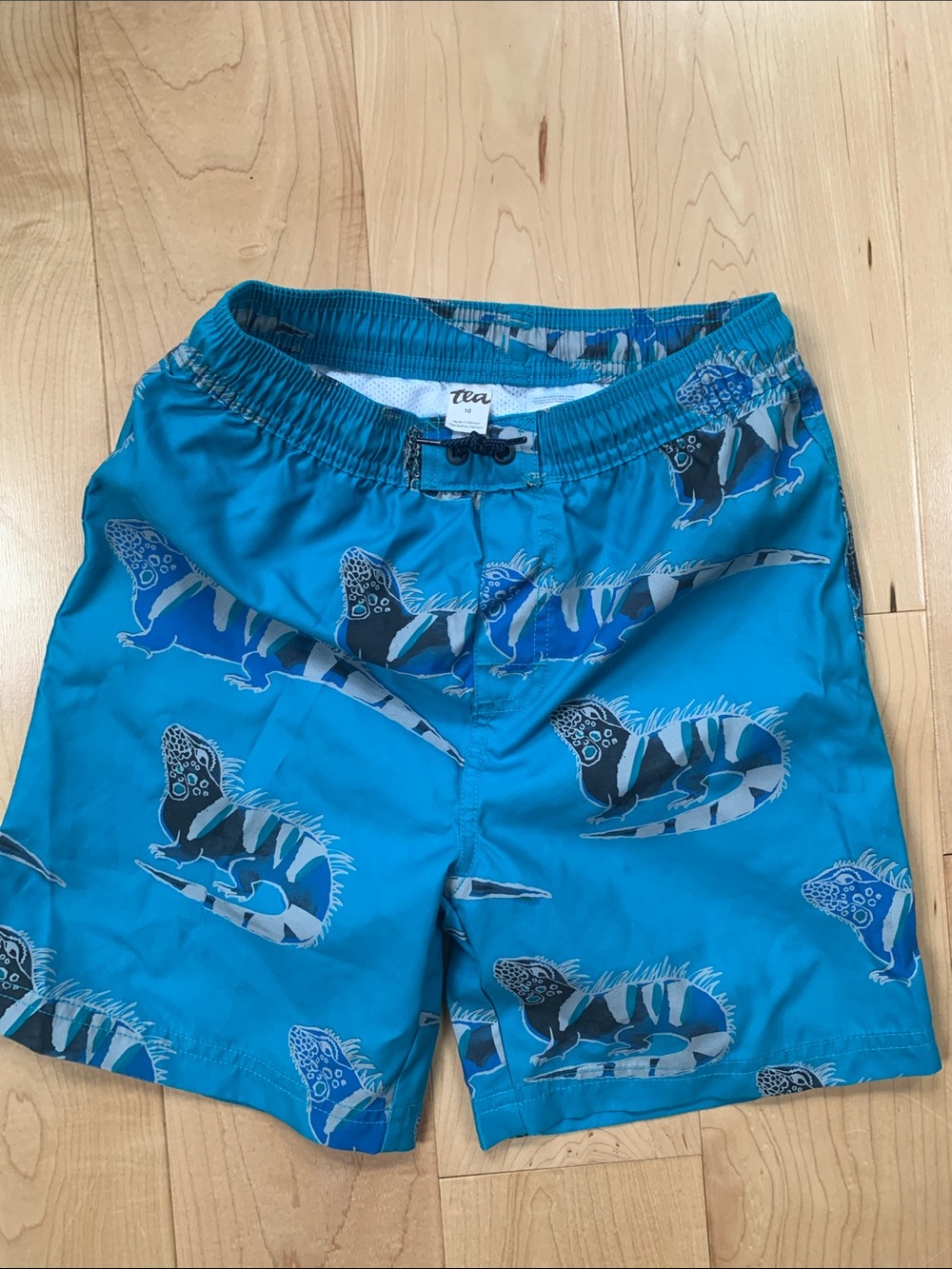 Tea Collection Teal Iguana-Print Kids's Swim Trunks size 10 EUC